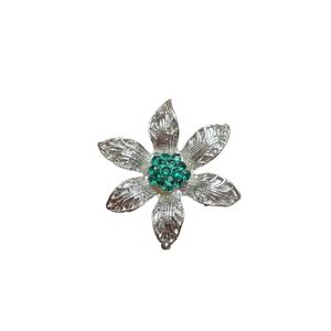 Silver Tone Flower Brooch Pin Green Rhinestone Center Elegant Accessory